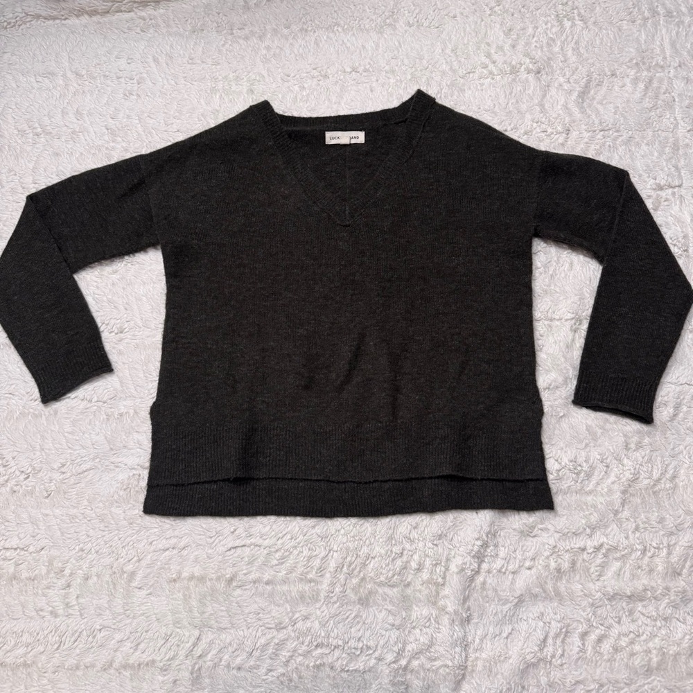Lucky Brand Forest Green V-Neck Sweater XS High Low Hem Split Side Cozy